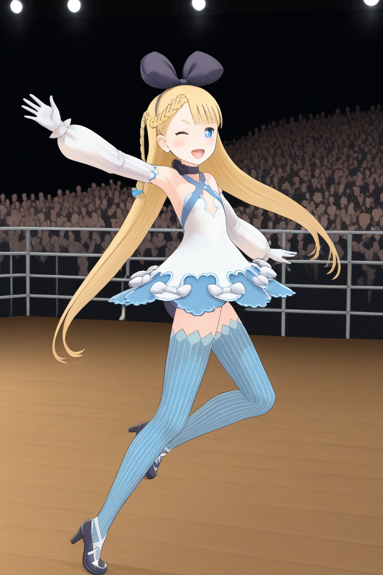 1girl, crowd, aliciasolidnnd, blonde hair, very long hair, braid, hair bow, hairband, blue eyes, symbol-shaped pupils, choker, criss-cross halter, dress, detached sleeves, gloves, vertical-striped thighhighs, shoes, high heels, standing, open mouth, smile, dancing, stage, concert, audience, cowboy shot, wink, from side, dynamic pose,