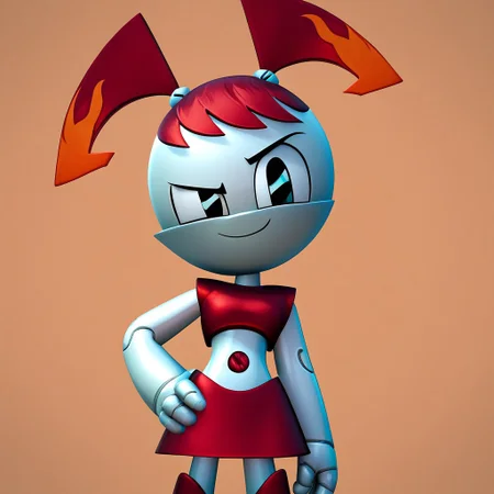 score_10, score_9_up, score_8_up, score_7_up, score_6_up, masterpiece, best quality, perfect cute face, nasbhotrod, jenny wakeman, 1girl, solo, 3d, render, metallic, white skin, robot, robot joints, twintails, red hair, black eyes, sleeveless, red tank top, bare shoulders, gray navel, red skirt, red knee high boots, orange flame accents, upper body, cowboy shot, hand on hip, orange background, simple background, looking at viewer, smirk, closed mouth