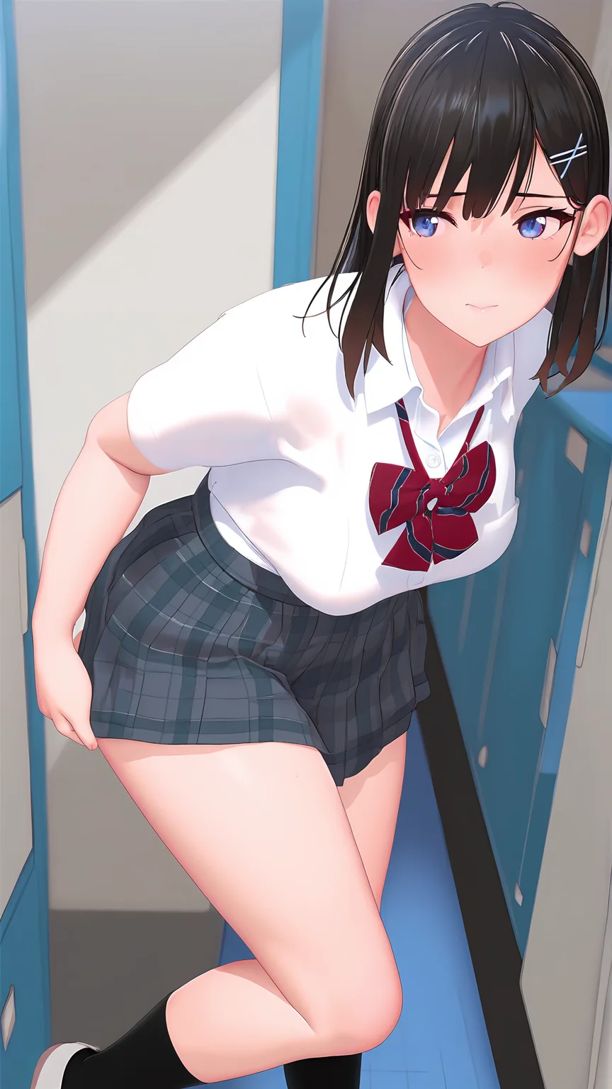 amazing quality,absurdres,best quality,masterpiece,highres,newest,detailed,detailed body,detailed face,masterpiece,best quality,solo,3d,realistic,
SexManager,1girl,black hair,solo,hairclip,white shirt,hair ornament,bowtie,school uniform,short sleeves,collared shirt,closed mouth,blue eyes,striped bowtie,plaid skirt,pleated skirt,black socks,indoors,shoes,<lora:SexManager:1>,