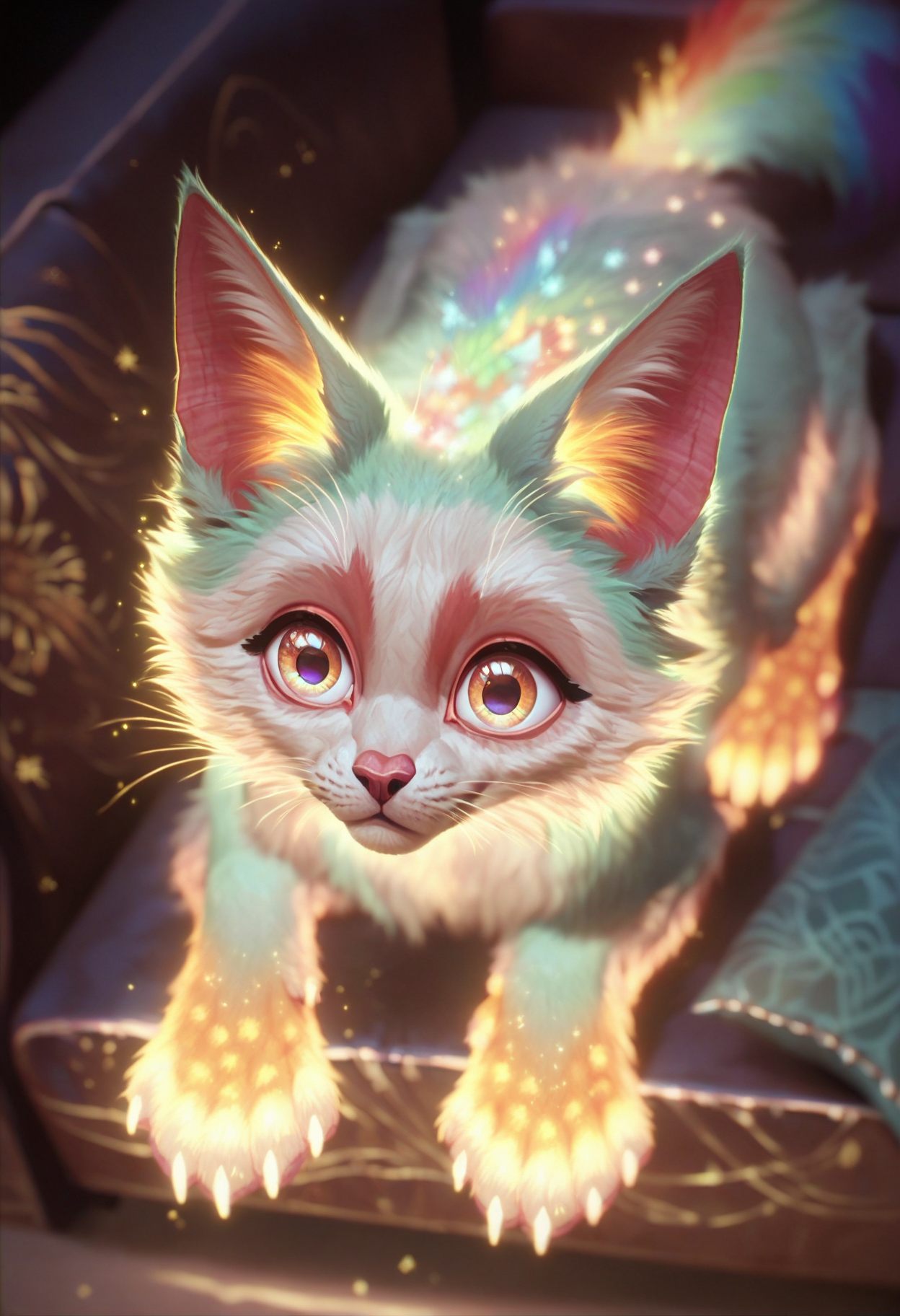 score_9, score_8_up, score_7_up,
 <lora:Arcane:1> arc4n3, glowing, glowing hair,
(closeup of a cute fluffy cat, soft paws:1.4), animal, cat, animal focus, whiskers, cat on a sofa, full body, big eyes, all fours, rainbow fur,