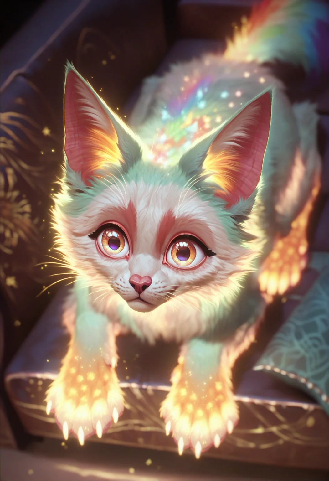 score_9, score_8_up, score_7_up,
<lora:Arcane:1> arc4n3, glowing, glowing hair,
(closeup of a cute fluffy cat, soft paws:1.4), animal, cat, animal focus, whiskers, cat on a sofa, full body, big eyes, all fours, rainbow fur,