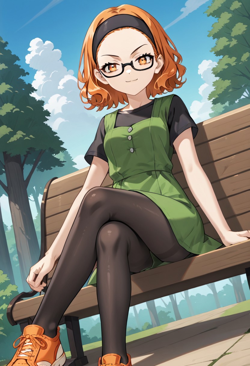 score_9, score_8, score_7, anime_screencap, anime_coloring, source_anime, high_res, Rating_safe
pkmnlanette, 1girl, orange hair, short hair, medium hair, black hairband, orange eyes, black-framed eyewear, glasses, black shirt, short sleeves, green dress, black pantyhose, orange footwear, sneakers
smug, sitting, crossed legs, outdoors, 1girl, bench, trees, sky, clouds, sun, looking at viewer, day, forest, cowboy shot, upper body focus, (Dutch angle:1.4)