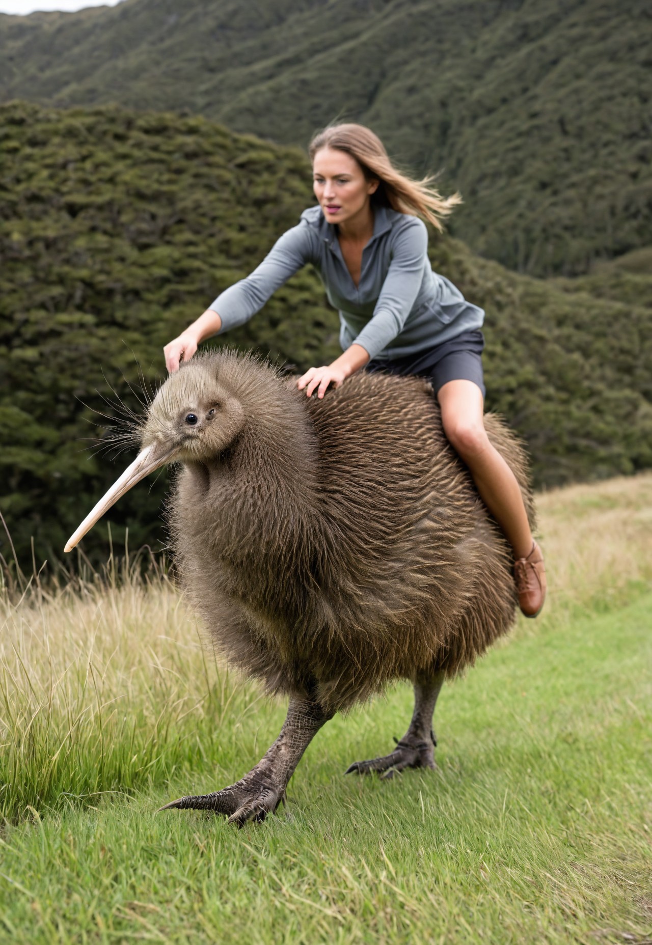 aaCH1kw,masterpiece, best quality, aesthtic, highres,soft lighting,film grain, intriguing details,full body, animal focus, (one woman riding a kiwibird:1.2), mountain, trail, grass, (detailed face), (perfect hand:1.3), perfect leg, pretty face, wind blown, BREAK BREAK BREAK 
kiwibird, two legs, foraging, look around