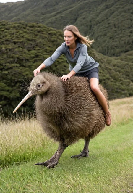 aaCH1kw,masterpiece, best quality, aesthtic, highres,soft lighting,film grain, intriguing details,full body, animal focus, (one woman riding a kiwibird:1.2), mountain, trail, grass, (detailed face), (perfect hand:1.3), perfect leg, pretty face, wind blown, BREAK BREAK BREAK 
kiwibird, two legs, foraging, look around