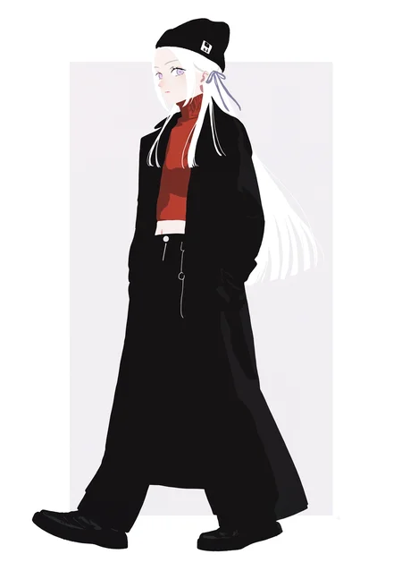 masterpiece, highres, absurdres, newest, very awa, flat color, 1girl, solo, full body, edelgard von hresvelg, white hair, hair bow, purple eyes, black beanie, black jeans, black coat, long coat, midriff, red turtleneck sweater, hands in pocket, flat shoes, black footwear, (walking, side view:1.2), looking at viewer, paneled background, <lora:spo_sdxl_10ep_4k-data_lora_webui>, <lora:TA_trained:0.35>, <lora:NOOB_EPSv1_1_detailer_by_vlnvk_v0_5>, <lora:georgie-san:0.8>
