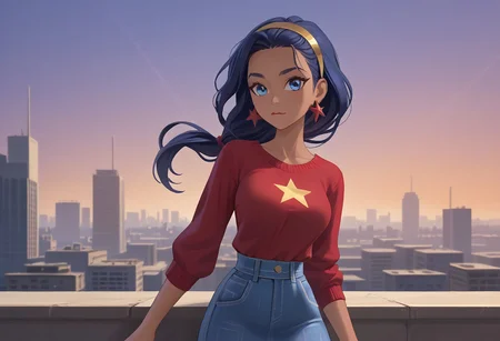 1girl, solo, Diana Prince, blue eyes, long hair, navy-blue hair, low-loose ponytail, dark skin, athletic, fit hourglass figure,  slim waist, earrings, hairband, golden headband, red star earrings, red mid-quarter-sleeved sweater, over a similar-length, white shirt, a high-waisted blue denim skirt, with a darker-colored waistband, white kneehighs, a pair of flats. city park background, lineless
