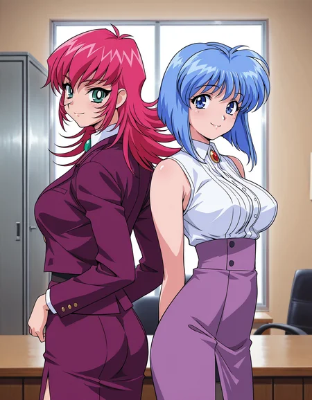 <lora:viper-f40-illustrious-000012:0.75> 2girls, back-to-back, smile, looking at viewer, indoors, office
raika, brooch, purple jacket, white shirt, purple skirt
lilia, brooch, sleeveless shirt, high-waist skirt, purple skirt