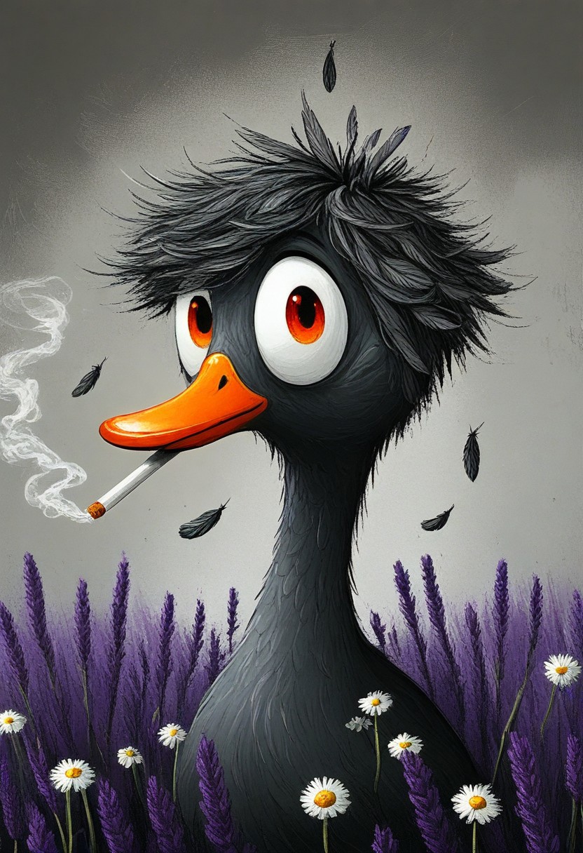 close-up portrait of a duck, elongated head, impossibly huge amber eyes, textured feathers, cigarette held in exaggerated orange bill, swirling smoke tendrils, purple lavender and white daisies in foreground, moody teal background, digital painting with expressive brushstrokes showing detailed feather texture, characteristic Tim Burton inspired design with dramatic oversized eyes that reflect tiny light sources, dark whimsical art style