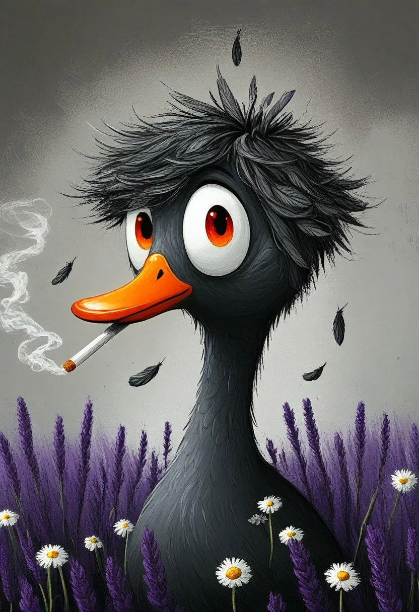 close-up portrait of a duck, elongated head, impossibly huge amber eyes, textured feathers, cigarette held in exaggerated orange bill, swirling smoke tendrils, purple lavender and white daisies in foreground, moody teal background, digital painting with expressive brushstrokes showing detailed feather texture, characteristic Tim Burton inspired design with dramatic oversized eyes that reflect tiny light sources, dark whimsical art style