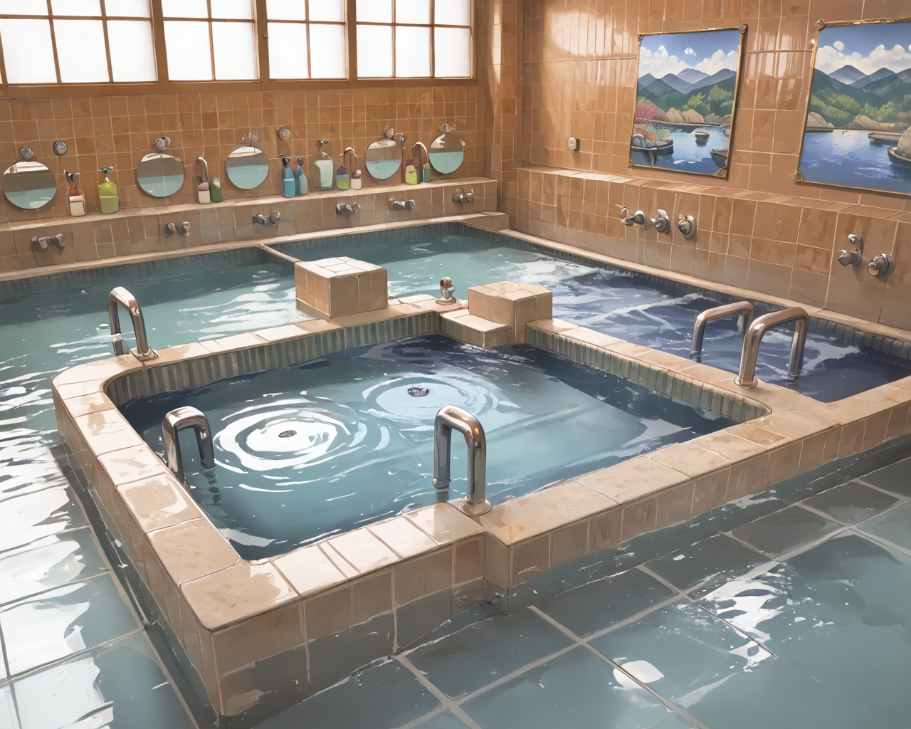sento,bathhouse,water,tile_floor,tile_wall,mural wall
 <lora:sento:1>
