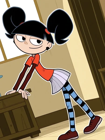 masterpiece,best quality,amazing quality, invert,Gretchen, 1girl, solo, pale skin, black eyes, black hair, bangs, twintails, pigtails, red scrunchies, black skeleton earrings, red t-shirt, maroon long-sleeve shirt, light grey pleated skirt, striped tights, maroon shoes, (smile, dutch angle, Hands on hips,naughty pose, looking at viewer, indoors, elegant room, solo, dynamic pose, full_body, head tilt,),((white background, White frame, white outline))