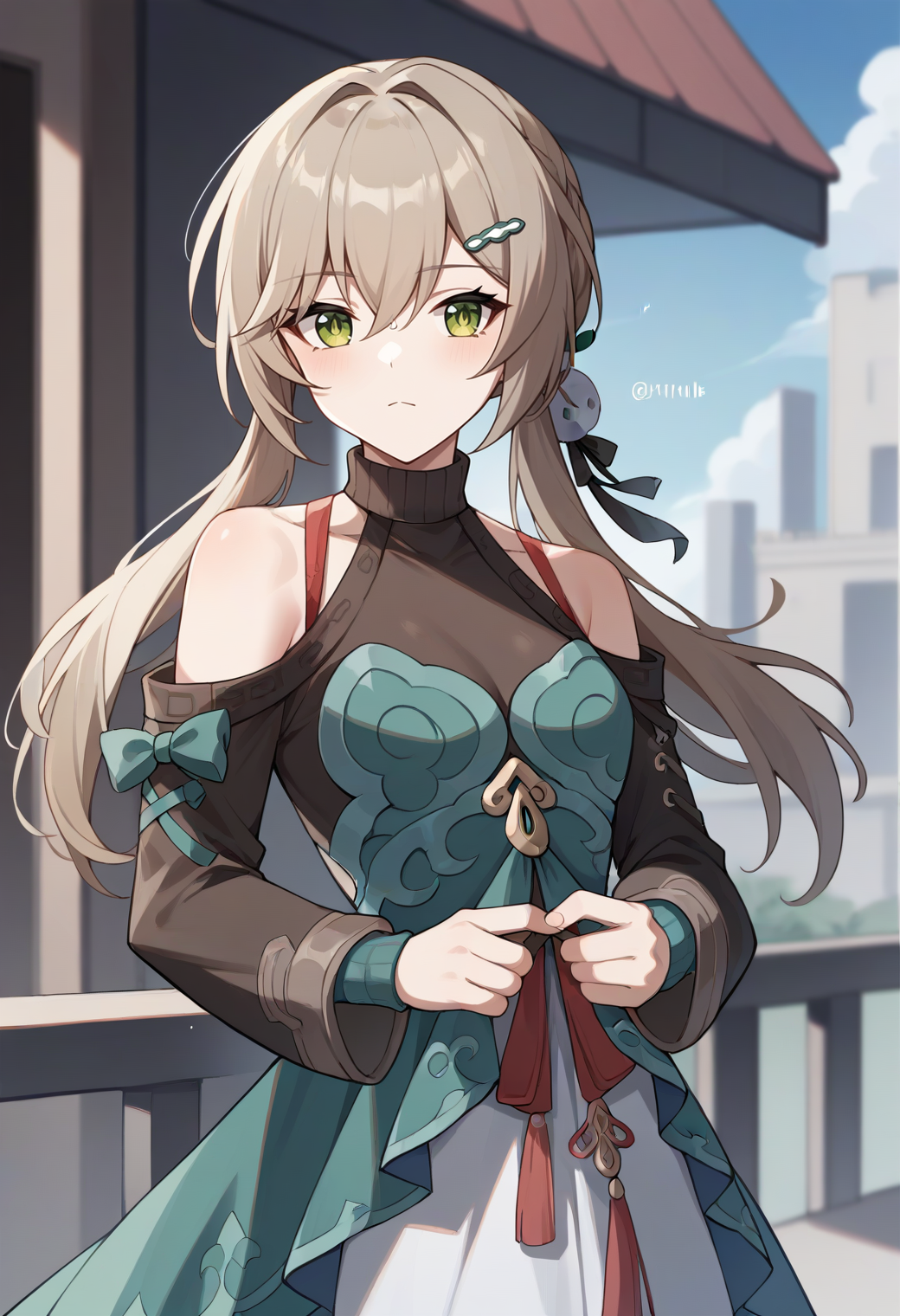 score_9,score_8_up,score_7_up,score_6_up,score_5_up,score_4_up, source_anime,
1girl, qingque \(honkai: star rail\), low twintails, hairpin, dress, shoulder cutout, turtleneck, 
cowboy shot, outdoors, solo, straight-on, looking at viewer,
<lora:qingqueponyxl-10:1>