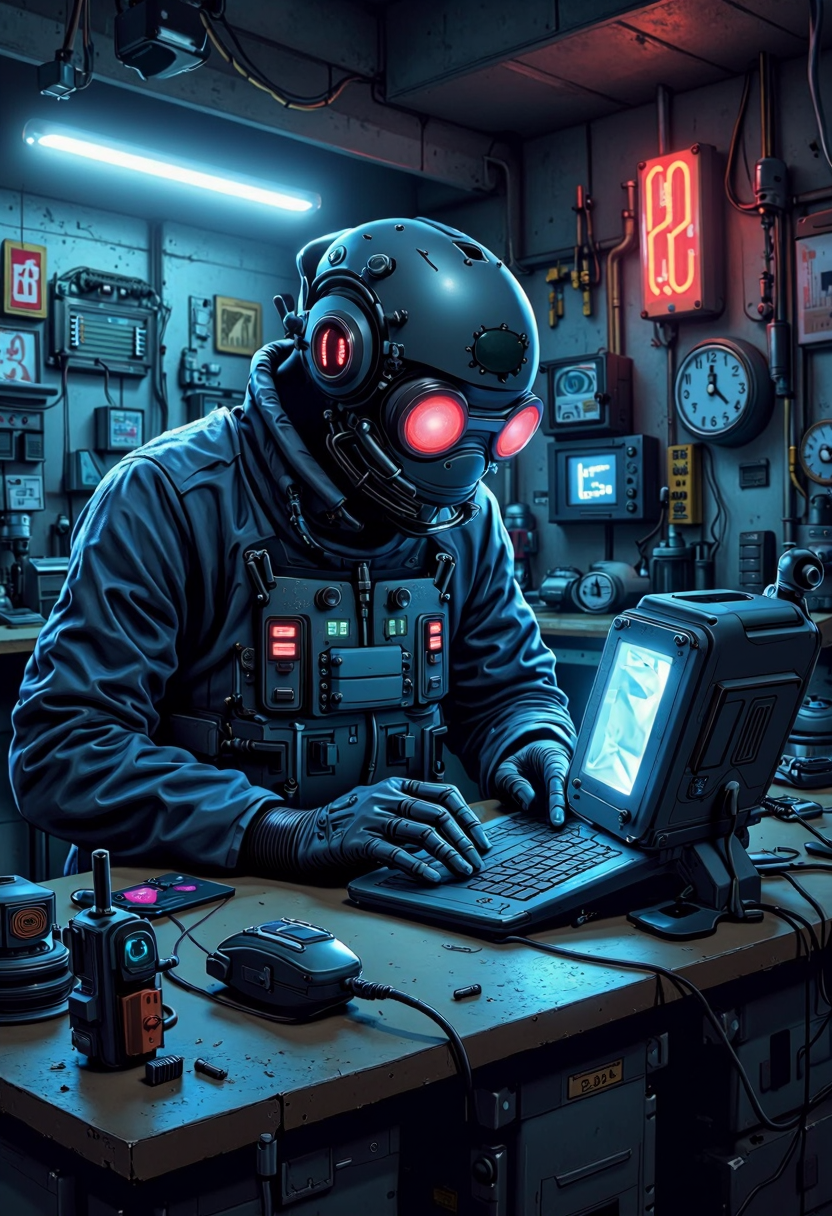 Dark and moody yfg-daak, Busy vector cartoon illustration of Refulgent, Hyphae-like, Indigo Blue, galactic, British comic style, Exhausted, Romance, Mystifying, Rapid-fire, Concave a conceptual futuristic Gothic hard surface device design on a table, repair shop moody aesthetic by California, dystopian and surreal surroundings.