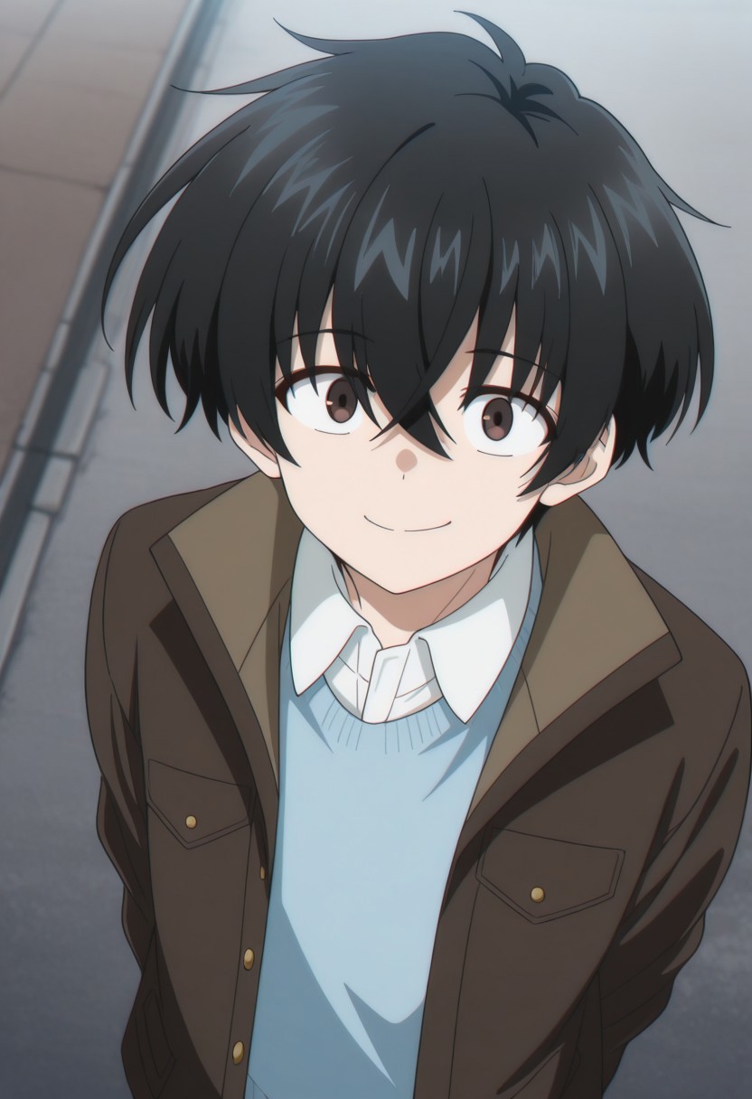 masterpiece,best quality,amazing quality, source_anime, 
KeitaroGentoga, 1boy, male focus, solo, brown eyes, black hair, shirt, white shirt, collared shirt, blue sweater, jacket, brown jacket, open jacket, smile, looking at viewer,