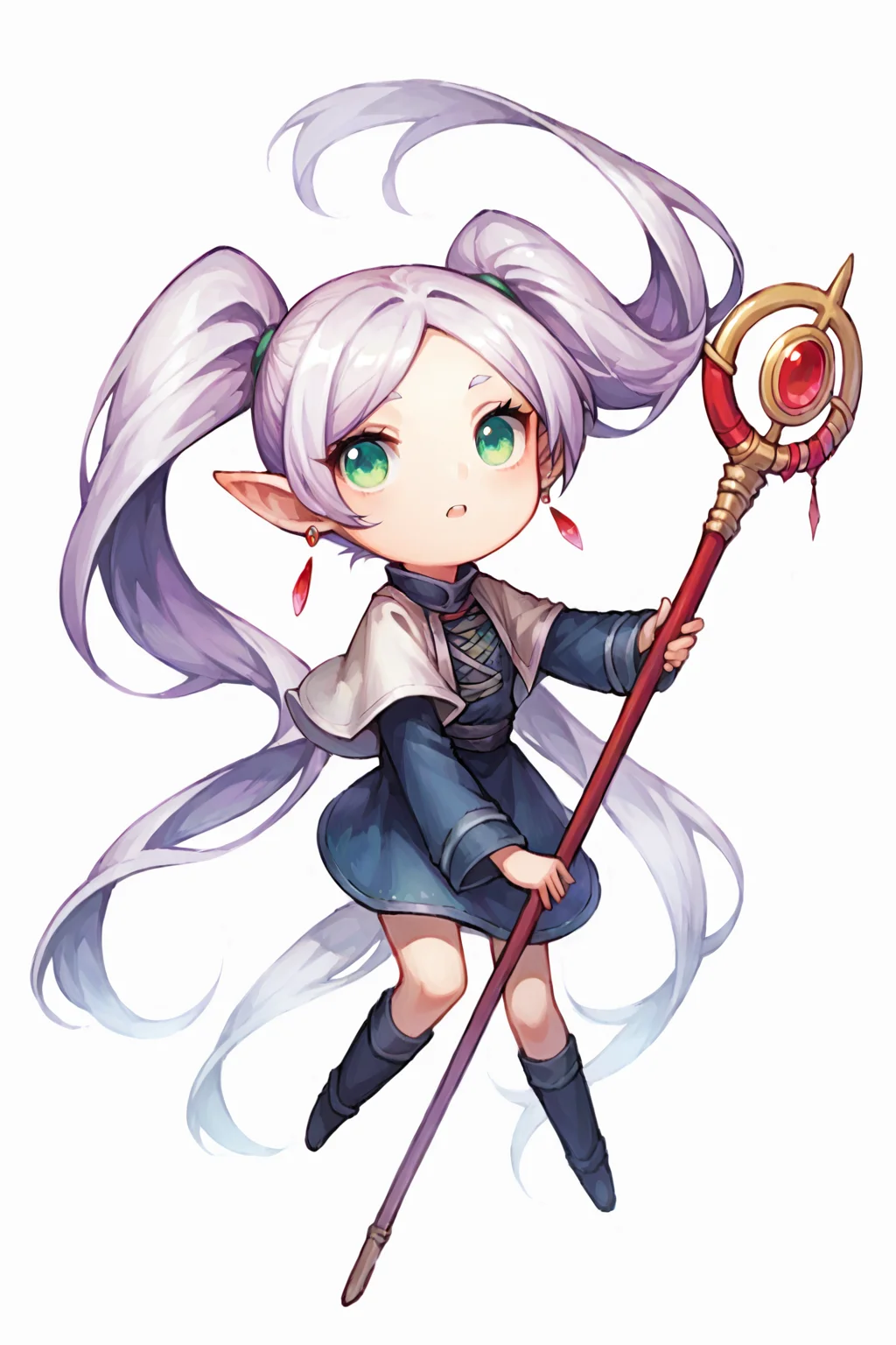 score_9, score_8_up, score_7_up, source_anime, highly detailed, 1girl, nereirfpnxl, frieren, pointy ears, green eyes, twintails, staff, very long hair, earrings, simple background, white background, <lora:justduet_SDXLPONY_r70_768_dim32-a4-adamW-000009:0.7>, <lora:frieren_nereirfpnxl_pony_v2:0.5>