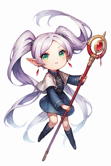 score_9, score_8_up, score_7_up, source_anime, highly detailed, 1girl,  nereirfpnxl, frieren,  pointy ears, green eyes, twintails, staff, very long hair, earrings, simple background, white background,  <lora:justduet_SDXLPONY_r70_768_dim32-a4-adamW-000009:0.7>, <lora:frieren_nereirfpnxl_pony_v2:0.5>