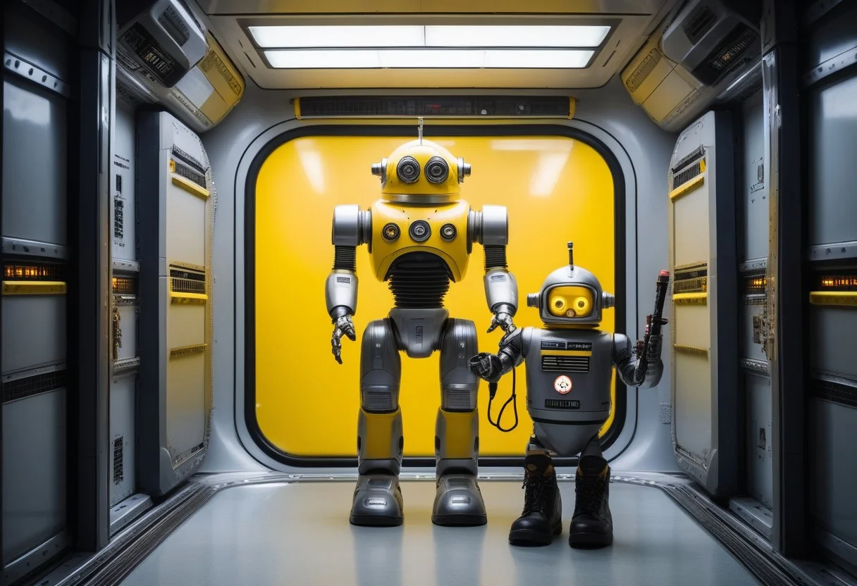 Photo of a maintenance robot, (wearing a yellow hardhat, grey janitor overalls, black work boots), holding a large screwdriver, (a sign displaying the word "Maintenance, BRB" is visible), in a spaceship corridor, comedic atmosphere, the android has a cyborg face with a world-weary expression, Cinematic lighting, 8k, ultra realistic, hyper detailed, sci-fi, highlights, RAW, realistic, photo, best quality, (dramatic lighting), (sharp focus, intricate), Style-DoF