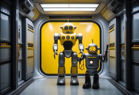 Photo of a maintenance robot, (wearing a yellow hardhat, grey janitor overalls, black work boots), holding a large screwdriver, (a sign displaying the word "Maintenance, BRB" is visible), in a spaceship corridor, comedic atmosphere, the android has a cyborg face with a world-weary expression, Cinematic lighting, 8k, ultra realistic, hyper detailed, sci-fi, highlights, RAW, realistic, photo, best quality, (dramatic lighting), (sharp focus, intricate), Style-DoF