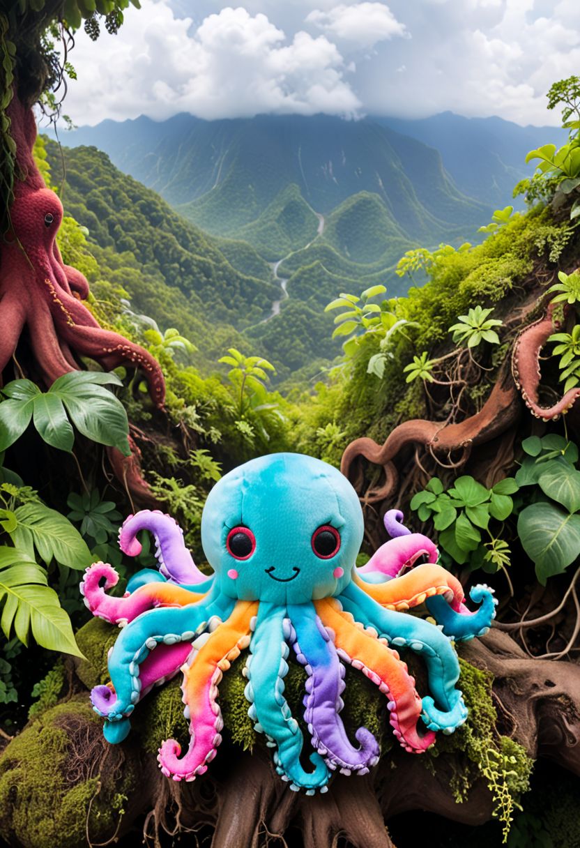 stuffed animal, cute colourful octopus, in the jungle, on the roots under giant three, amazing scene, breathtaking image, little clouds, plushify