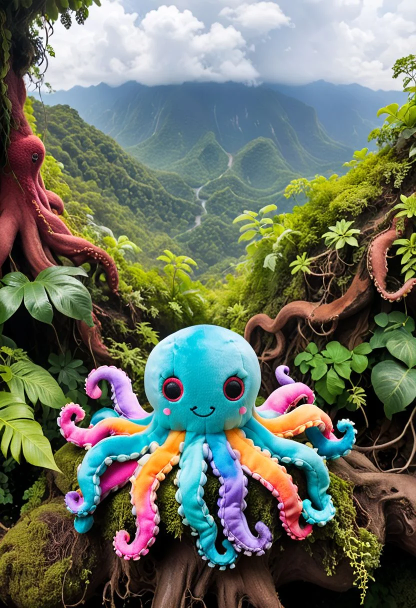 stuffed animal, cute colourful octopus, in the jungle, on the roots under giant three, amazing scene, breathtaking image, little clouds, plushify