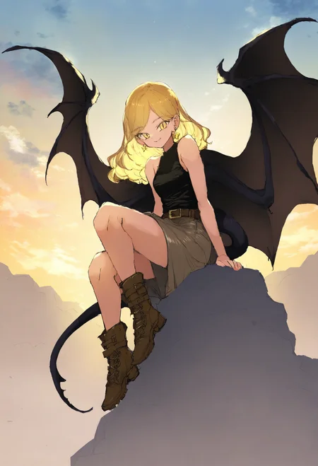 1girl, solo, wings, tail, long hair, blonde hair, sitting, yellow eyes, looking at viewer, skirt, belt, boots, demon wings, shirt, brown footwear, bare shoulders, sky, black shirt, smile, earrings, sleeveless
,masterpiece,best quality,very aesthetic,absurdres,
<lora:åºæ°´fornoob:0.95>