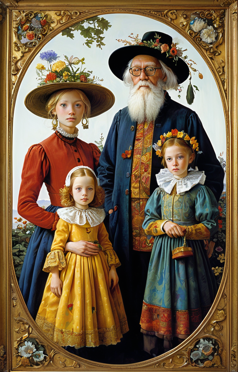 masterpiece,best quality,<lora:tbh330-sdxl:0.6>,illustration,style of James C. Christensen portrait of family