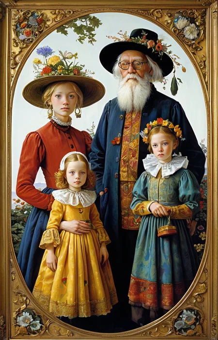 masterpiece,best quality,<lora:tbh330-sdxl:0.6>,illustration,style of James C. Christensen portrait of family