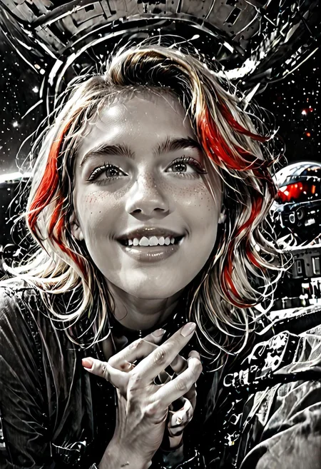 Score_9, score_8_up, Score_7_up, Realistic, cinematic shot, selective color, monochrome background, 4k, Gadget, 
((Girl surrounded by aliens, non-humanoid alien species, alien animals, standing, arms crossed, correct hand anatomy, scared, wide eyes,))
blonde, grayscale with red highlights, partial nudity, 18yo, smile, perfect face, stunning, breathtaking face, detailed face, perfect teeth, expressive eyes, extremely cute, medium boobs, easynegative, ALRGFC, alluring face, sexy, hetero, flushed, red cheeks on top,
Stable_Yogis_PDXL_Positives, CyberRealisticPony_POSV1