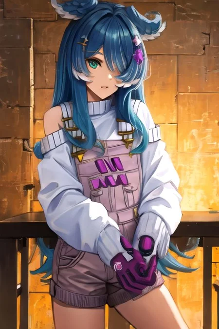 solo, 1girl, solo_focus, (((masterpiece))), ((best quality)), ((ultra-detailed)), high resolution, absurdres, highres, ultra-detailed 8k unity wallpaper,
elira1st, long sleeves, overalls, white sweater, off shoulder, grey gloves, one eye covered, overall shorts