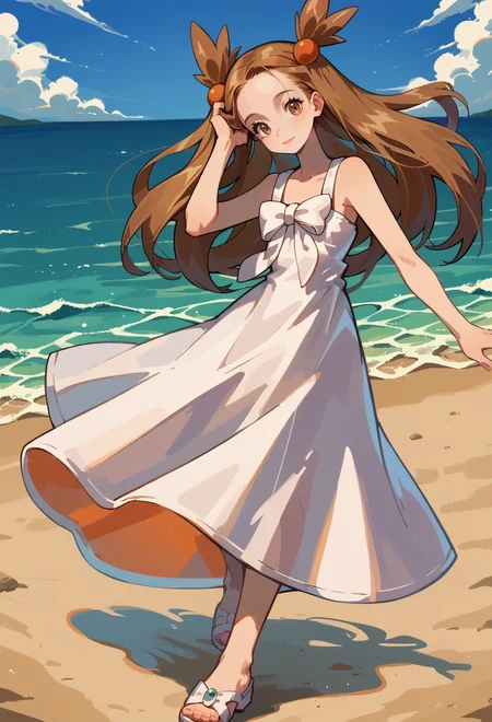 score_9, score_7_up, source_anime, BREAK light smile, ocean, blue sky, head tilt, floating hair, hand in own hair, <lora:Jasmine:1> J4SM1N3, brown hair, long hair, pigtails, brown eyes, Orange hair ornament, white dress, sundress, white bow, sandals, white footwear, sleeveless,