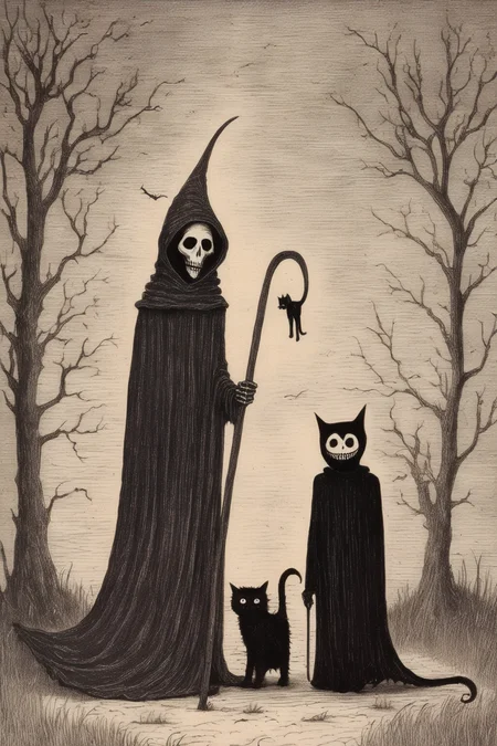 <lora:Edward Gorey Style:1>Edward Gorey Style - Edward Gorey Very creepy 8K Grim Reaper and Cat