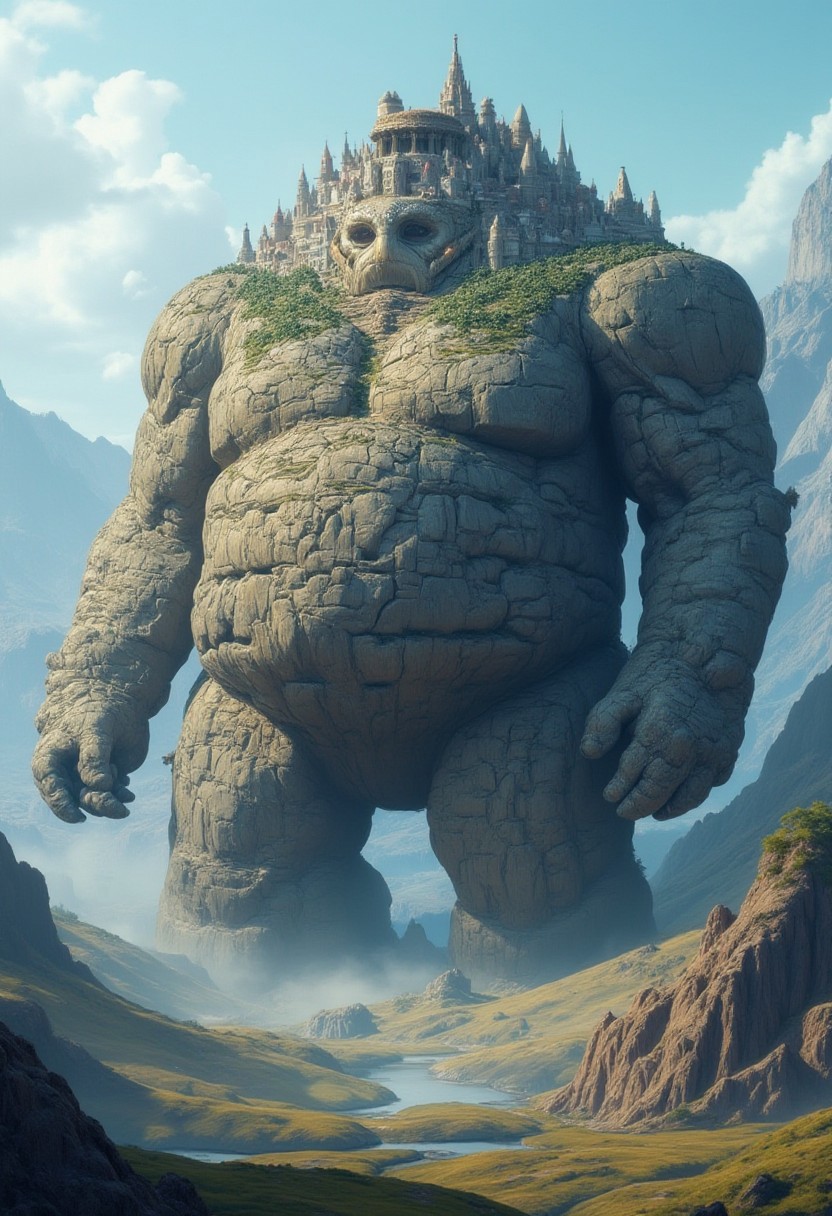 "Create a hyper-realistic 8K image of a massive, hibernating golem, its body a sprawling, rocky landscape that stretches across the image. On its back, a intricate city has been built, with towering skyscrapers, winding streets, and bustling markets. The city is rendered in exquisite detail, with delicate textures and patterns that suggest a thriving metropolis. The golem's body is equally detailed, with intricate cracks and crevices that reveal its ancient, weathered surface. The landscape surrounding the golem is a serene, misty valley, with rolling hills and towering mountains that stretch up to the sky. The background is a subtle, gradient blue to allow the golem and its city to take center stage. Style: hyper-realistic, detailed, and imaginative, with a focus on capturing the intricate texture and detail of the golem's body, the city, and the surrounding landscape." (Highest quality masterpiece in HDR)