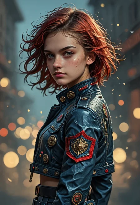 1girl, side view, she is Nausica of the Valley of the Wind, solo, masterpiece, absurdres, best quality, (colorful), cinematic lighting, realistic, dynamic pose, extremely detailed, head turned to look at viewer, red hair, beautiful detailed face,(intricate detailed blue short military jacket with gold inlaid, cleavage,extremely short miniskirt, military black boots), stands alone on the middle of a street with lampposts and burning fires in the background, solo, masterpiece, absurdres, dynamic pose, the Sun shines over her, sun rays in her hair,subsurface scattering, remarkable color, ultra realistic, textured skin, remarkable detailed pupils, realistic dull skin noise, visible skin detail, skin fuzz, dry skin, bokeh, sharp focus on subject. no headgear,extremely detailed, looking at viewer, beautiful detailed face, subsurface scattering, remarkable color, ultra realistic, textured skin, realistic dull skin noise, visible skin detail, skin fuzz, dry skin, bokeh, sharp focus on subject.