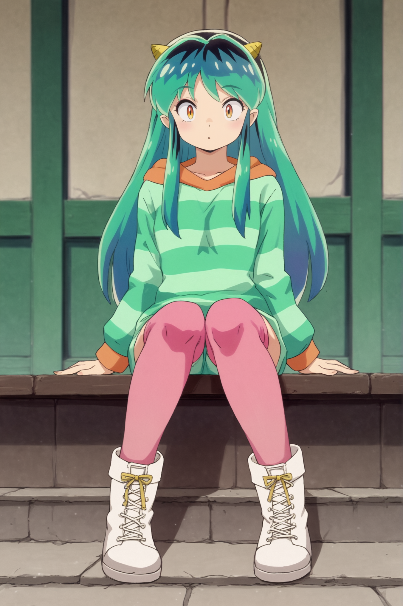 <lora:Lum:0.8>  rating_all, score_10, score_8_up, score_7_up,  Lum, striped clothes, white boots, pink stockings <lora:sdxl_lightning_4step_lora:1.0>