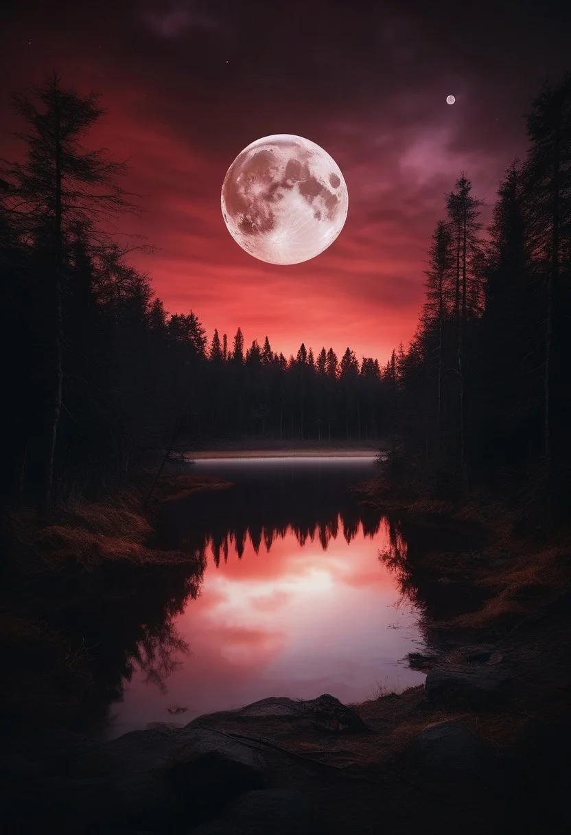 A dark abandoned forest with red sky, dark clouds and a white moon, a lake on the middle with a detailed reflex of the trees and the moon,
BREAK,
depth of field, detailed art, realistic art, 4k, (best quality 1:1), masterpiece, intricate details,