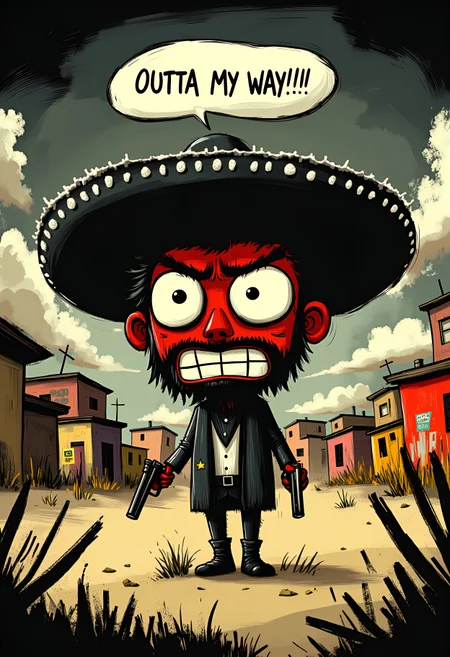 documentary photography , upper body, cinematic lighting, from below/low angle, 50mm, sepia tone. whimsicalart, darkfairytale, (moonlightart:1.2), (whimsical illustration:1.2), dreamy, fantasy, magic.  (a big bad mexican gunslinger:1.1) with a huge sombrero hat (walks down a deserted street:1.1) (shouting angrily:1.1). (he is pointing a gun in each hand at the viewer:1.1).  extremely angry facial expression, big bulging eyes, angry red face.  above him is a prominently displayed speech bubble that says: "Outta My WaY!!!".  masterpiece of fun.  brilliant dark collors, volumetric lighting, god rays.  , <lora:30 style\flux Dark Whimsical Art v1 ()>, <lora:30 style\flux MOONZ WILD v1 ():0.5>, , , , ,