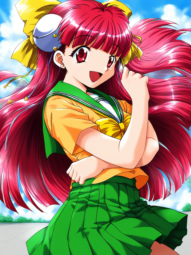 score_9, score_8_up, score_7_up, source_anime, rating_explicit, BREAK  <lora:Nanako_RISE_XL:1>ãNanako_RISE, long hair, red hair, red eyes,  bangs,  hair bow, headgear, yellow bow,
 pink hair, skirt, Yellow school uniform, smile, open mouth, bow, hat, green skirt,  Yellow short sleeves,
outdoor, sky, school,