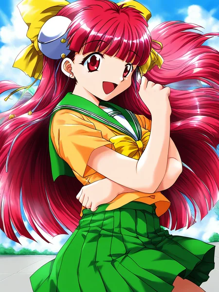 score_9, score_8_up, score_7_up, source_anime, rating_explicit, BREAK <lora:Nanako_RISE_XL:1>ãNanako_RISE, long hair, red hair, red eyes, bangs, hair bow, headgear, yellow bow,
pink hair, skirt, Yellow school uniform, smile, open mouth, bow, hat, green skirt, Yellow short sleeves,
outdoor, sky, school,