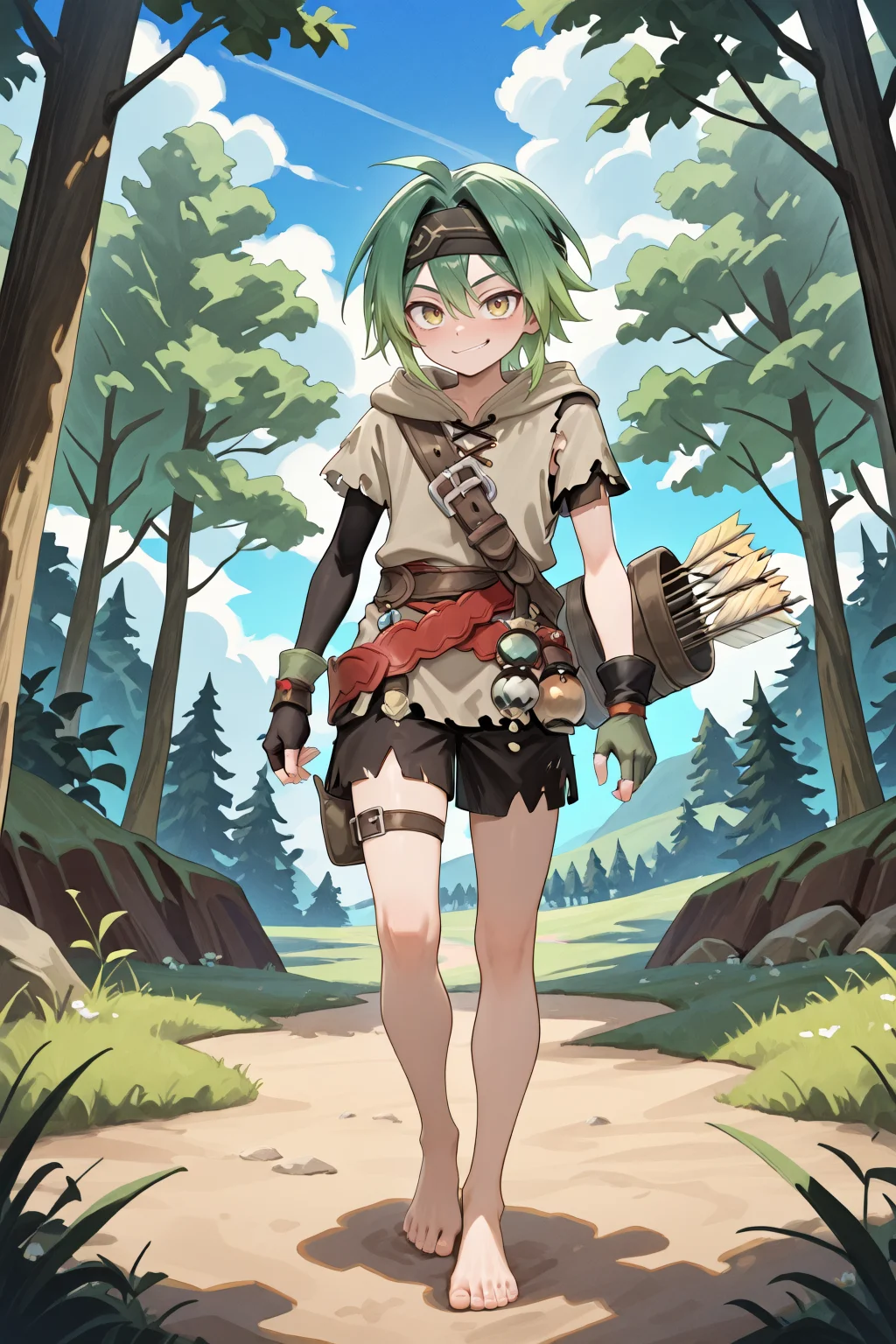 masterpiece, very aesthetic, absurdres, best quality, amazing quality, high resolution, newest, very awa, <lora:illustrious_quality_modifiers_masterpieces_v1:0.8> , <lora:ChamIllustriousBackgroundEnhancer:0.5>, (solo), <lora:MizerIL:0.8> MzeDef, 1boy, yellow eyes, gradient hair, short hair, green hair, headband, black headband, uneven sleeves, tunic, grey tunic, shoulder strap, hood down, hood, gloves, single fingerless glove, mismatched gloves, fingerless gloves, wristband, shorts, black shorts, thigh strap, torn clothes, crossed belts, quiver, arrow (projectile), barefoot, full body, forest, exterior, smirk, looking at viewer, day, blue sky, clouds,