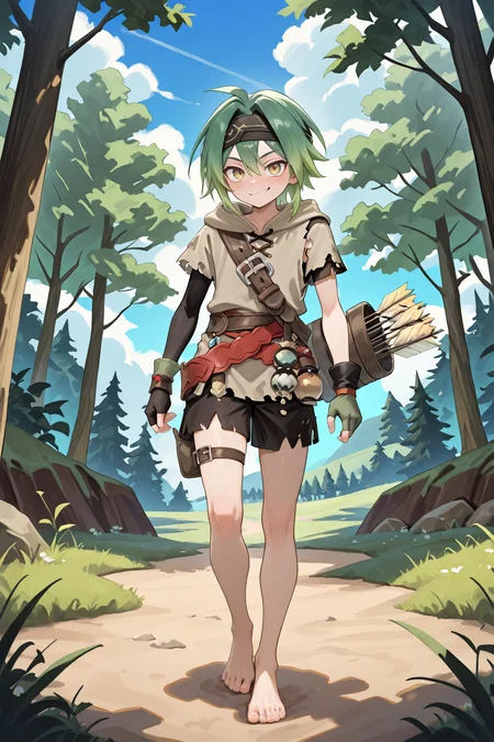 masterpiece, very aesthetic, absurdres, best quality, amazing quality, high resolution, newest, very awa, <lora:illustrious_quality_modifiers_masterpieces_v1:0.8> , <lora:ChamIllustriousBackgroundEnhancer:0.5>,  (solo),    <lora:MizerIL:0.8> MzeDef, 1boy, yellow eyes, gradient hair, short hair, green hair, headband, black headband, uneven sleeves, tunic, grey tunic, shoulder strap, hood down, hood, gloves, single fingerless glove, mismatched gloves, fingerless gloves, wristband, shorts, black shorts, thigh strap, torn clothes, crossed belts, quiver, arrow (projectile), barefoot, full body, forest, exterior, smirk, looking at viewer,  day, blue sky, clouds,