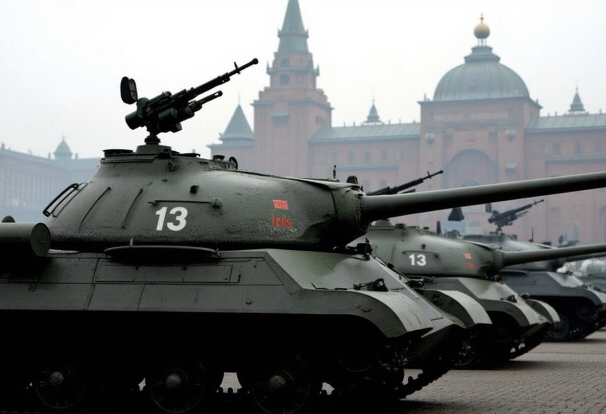 <lora:is3:0.9>is3,This is the Soviet heavy tank, IS3. The vehicle length is 6.67 m, the overall width is 3.2 m, and the overall height is 2.45 m.from side.A vehicle-mounted machine gun on a turret pointed upwards.no humans.Military parade on Red Square, Moscow.