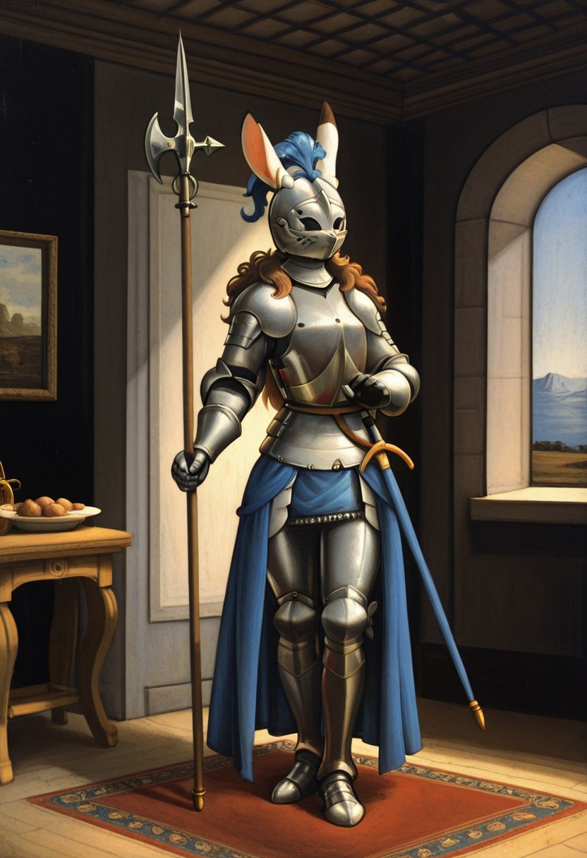 beautiful, best quality, detailed, dynamic lighting, armorbun, brown hair, breastplate, full armor, plate armor, helmet, blue plume, blue cape, waist cape, rabbit ears, 1girl, furry, helmet, standing, holing polearm, indoors, oil painting, fine art, classic art, ((three-quarters portrait)), waist up