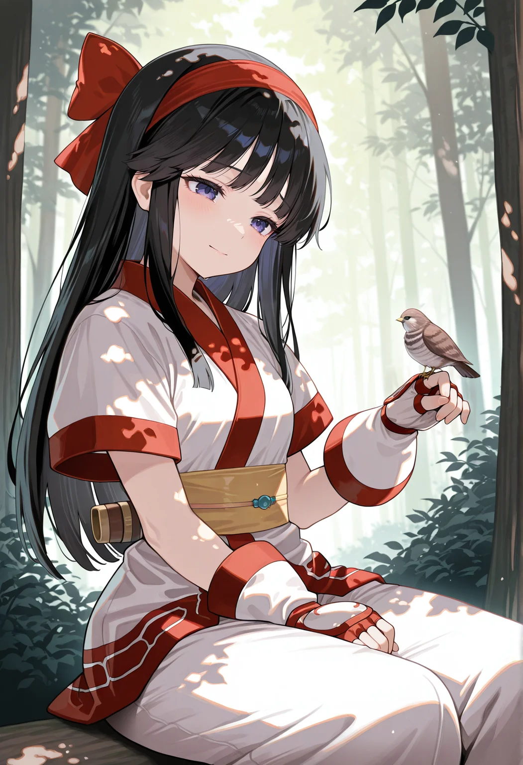 1girl, solo, long hair, black hair, hair bow, hairband, ainu clothes, japanese clothes, short sleeves, pants, fingerless gloves, sad, light smile, sitting, outdoors, forest, bird on finger, head tilt, dappled sunlight, <lora:Nakoruru_illus:1>, masterpiece, best quality, amazing quality, very aesthetic, absurdres, highres, newest