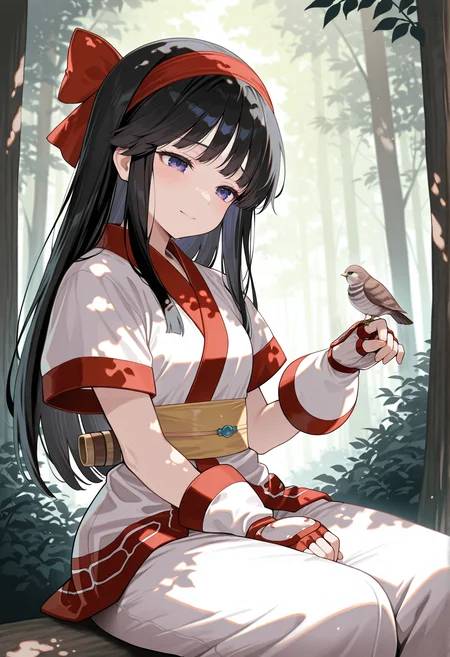 1girl, solo, long hair, black hair, hair bow, hairband, ainu clothes, japanese clothes, short sleeves, pants, fingerless gloves, sad, light smile, sitting, outdoors, forest, bird on finger, head tilt, dappled sunlight, <lora:Nakoruru_illus:1>, masterpiece, best quality, amazing quality, very aesthetic, absurdres, highres, newest