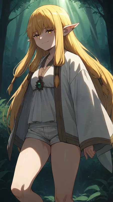 score_9,score_8_up,score_7_up,score_6_up, <lora:xl_more_art-full_v1:0.5>, source_anime, woman, dynamic pose, knees apart feet together, <lora:Serie - Pony:0.9>, long hair, blonde hair, hair tubes, low-tied sidelocks, yellow eyes, pointy ears, elf ears, bangs, white robe on shoulders, white poncho, white shirt, white shorts, smug, short shorts, forest, nature, light rays, portrait,