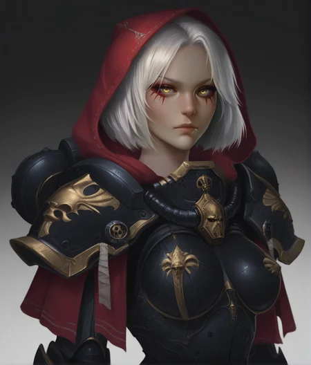 masterpiece, best quality, absurdres, realistic, solo, 1girl, <lora:Stellaris:1> st portrait, <lora:sororita-il:1> sororita-il, white hair, short hair, parted bangs, eyeliner, yellow eyes, upper body, medium breasts, black armor, armor, power armor, shoulder armor, red hood, hooded cloak, looking at viewer, simple background, gradient background,