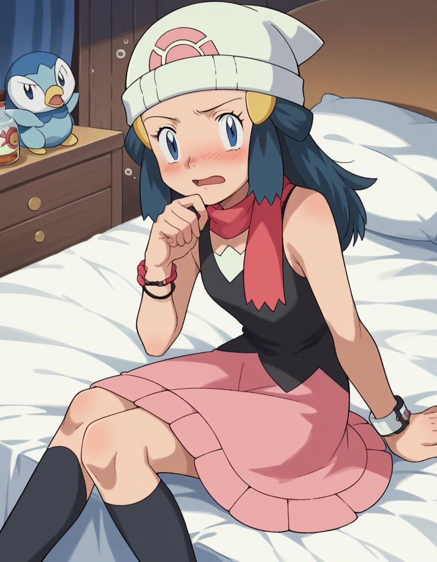 score_9, score_8_up, score_7_up, source_anime, pokemondawn, <lora:pokemon-dawn-anime-ponyxl-lora-nochekaiser:1>, pokemon dawn, black hair, blue eyes, sidelocks, long hair,, bare shoulders, beanie, black shirt, black socks, bracelet, hat, jewelry, kneehighs, miniskirt, pink skirt, red scarf, scarf, shirt, skirt, sleeveless, sleeveless shirt, white headwear,, indoors, bed, bed room, on side, blush, drunk, looking at viewer, solo, cowboy shot, dutch angle