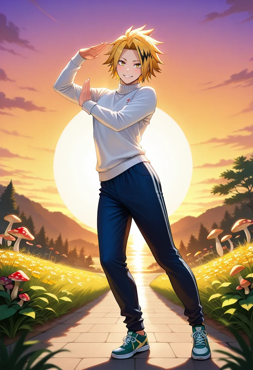 masterpiece, best quality, , (photorealistic:0.6), looking at viewer, , 1boy, solo, male focus, <lora:denki_kaminari_ilxl:0.96>, denki_kaminari, blonde hair, yellow eyes, short hair, spiked hair, multicolored hair, two-tone hair, black hair, streaked hair, fairy grove, flower rings, light motes, mushroom circles, dancing pose, joyful expression, twilight, Dressy joggers, Crew neck sweater, High-top sneakers, ,