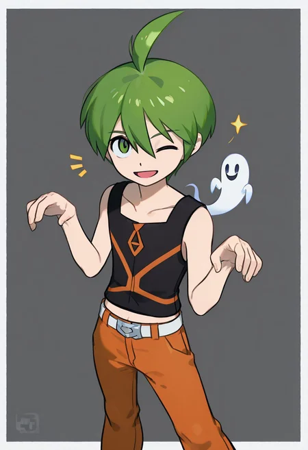1 boy, aaron, green eyes, green hair, ahoge, black sleeveless shirt, orange pants, white with orange shoes, belt<lora:EMS-380018-EMS:1.000000><lora:ghost-pose-ponyxl-lora-nochekaiser:1>, ghost pose, ghost,open mouth, looking up,cowboy shot,from above, looking at viewer, wink,feet, emphasis, composition, visual focus