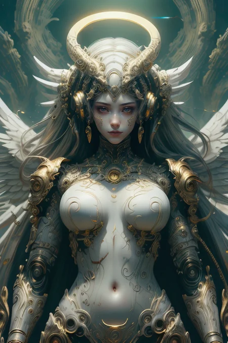 masterpiece,photorealistic,high details,8K,best quality,amazing body,at distance,the full and whole body,full length shot,posing,flirting,(playful gaze, smirking:1.05),seductive,voluptuous,<lora:BlessedTech:0.7>,blessedtech,blessed,holy aura,medivial,white and golden,
<lora:Concept_-_Hella-sthetic_v2:0.7>,, intricate, elegant, highly detailed, symmetry, magical atmosphere, sharp focus, majestic, very coherent, radiant, advanced, cinematic, artistic, fine detail, winning, beautiful, stunning, dramatic light, designed, rich deep colors, perfect professional background, ambient, tailored set composition